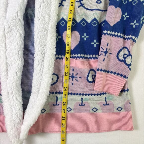 Hot Topic Hello Kitty Pastel Fair Isle Sherpa Girls Cardigan Size 1 Large Hooded - Picture 7 of 16